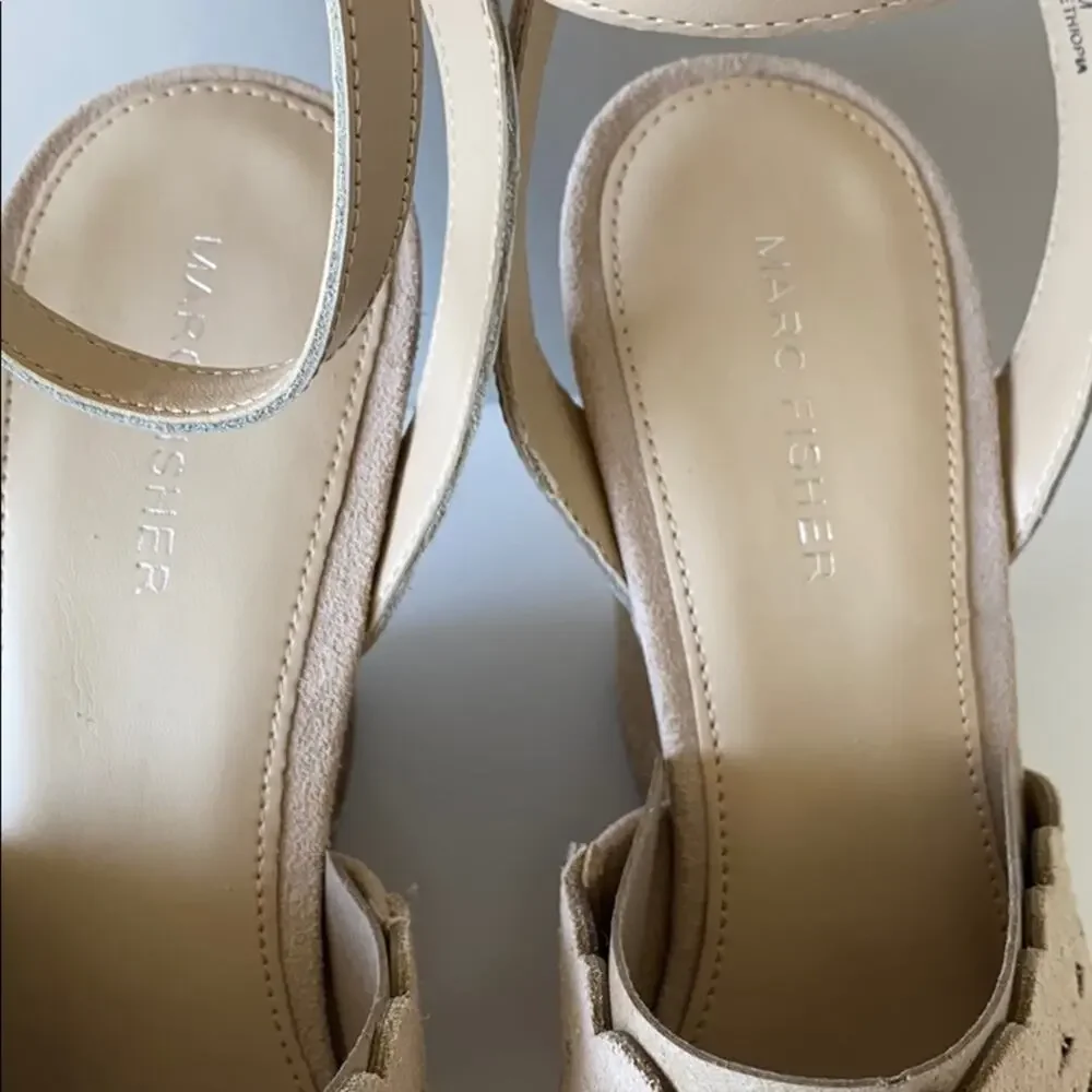 Marc Fisher Hata Beige Suede Studded Espadrille Wedge Sandals Size 9 / 9.5 NIB